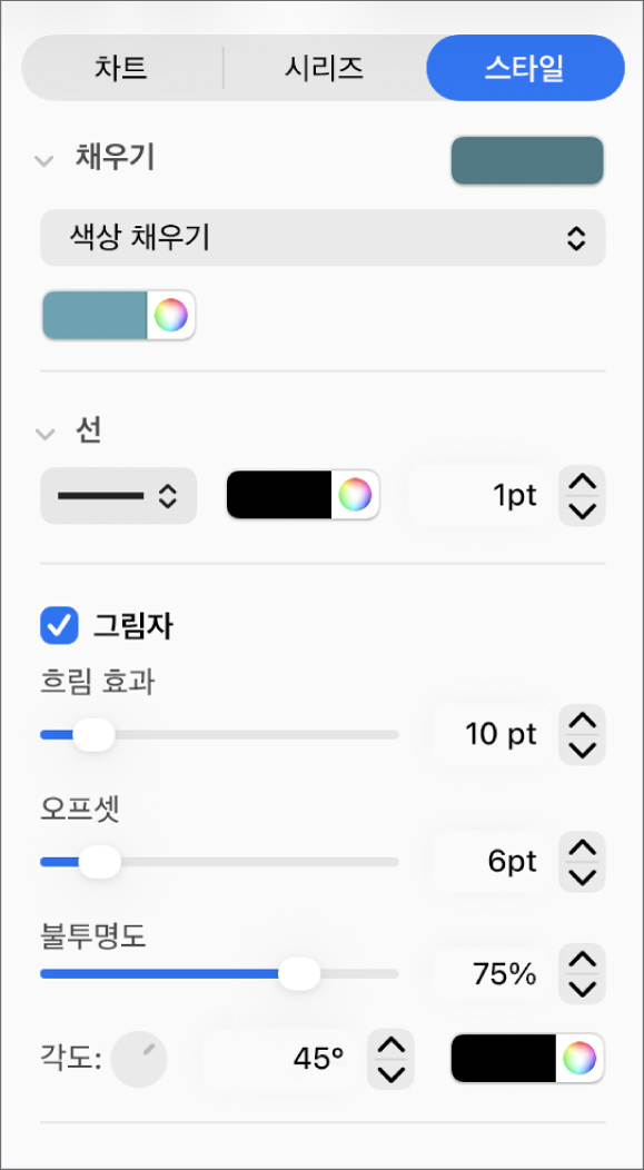 추세선의 모양을 변경하기 위한 사이드바 제어기.