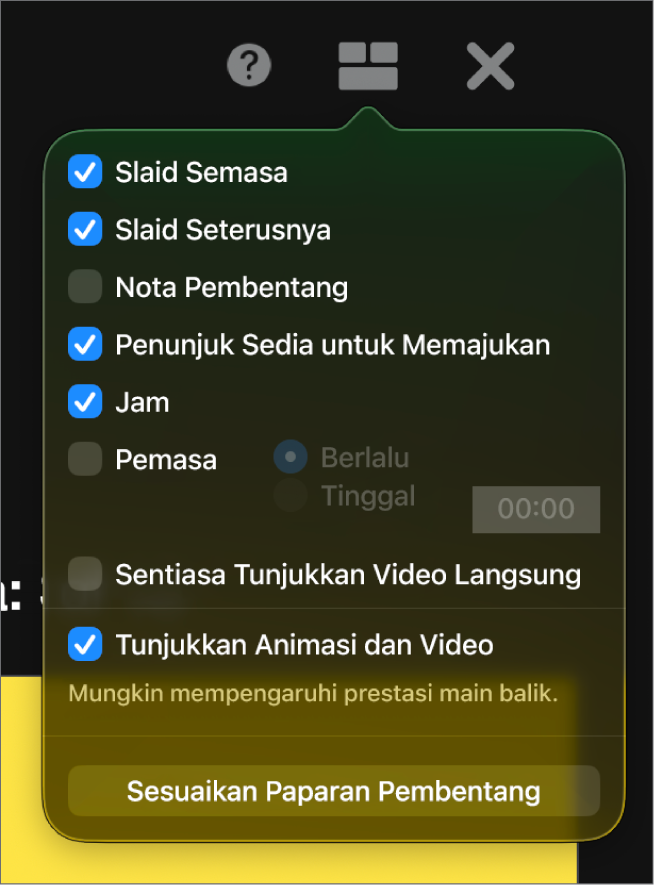 Pilihan paparan pembentang, termasuk Slaid Semasa, Slaid Seterusnya, Nota Pembentang, Penunjuk Sedia untuk Memajukan, Jam dan Pemasa. Pemasa mempunyai pilihan tambahan untuk menunjukkan sama ada masa yang berlalu atau masa yang tinggal.