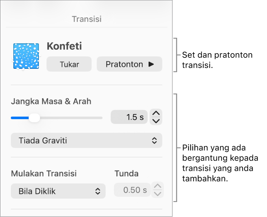 Kawalan transisi di bahagian Transisi dalam bar sisi.