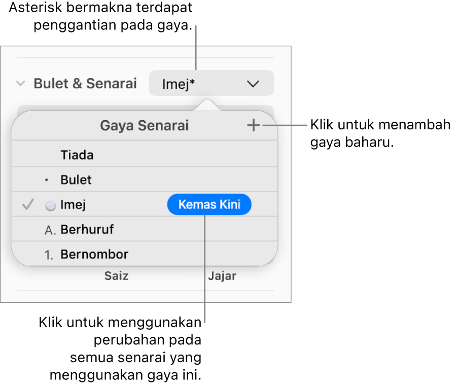 Menu timbul Gaya Senarai dengan asterisk yang menunjukkan penggantian, petak bual pada butang Gaya Baharu dan submenu pilihan untuk menguruskan gaya.
