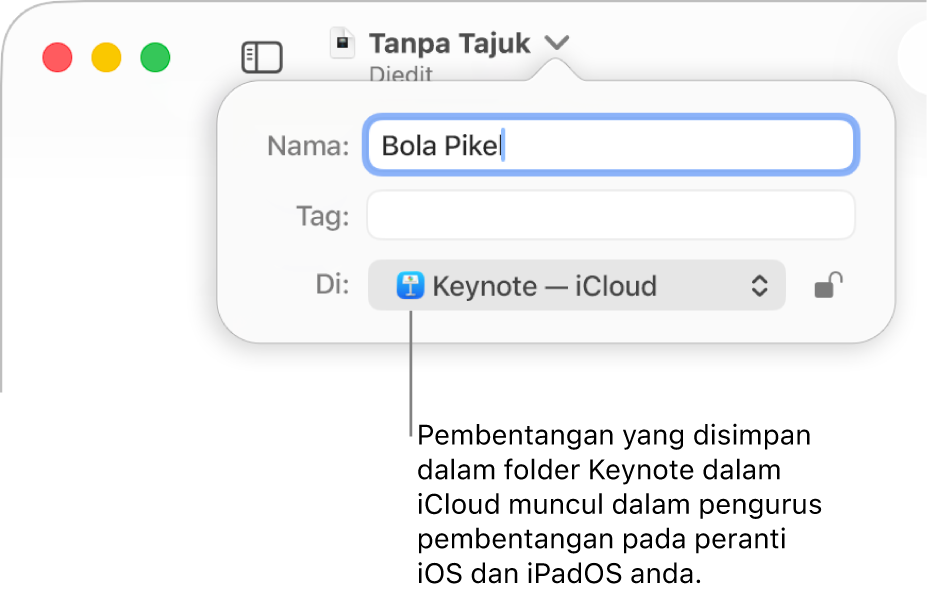 Dialog Simpan untuk pembentangan dengan Keynote—iCloud dalam menu timbul Tempat.