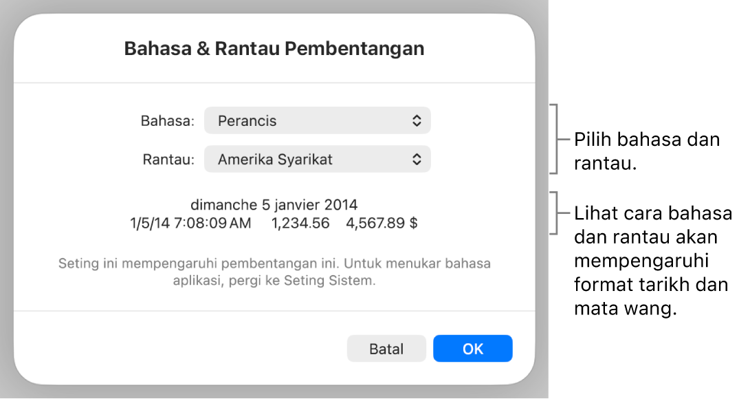 Anak tetingkap Bahasa & Rantau dengan kawalan untuk bahasa dan rantau, serta contoh format termasuk tarikh, masa, perpuluhan dan mata wang.