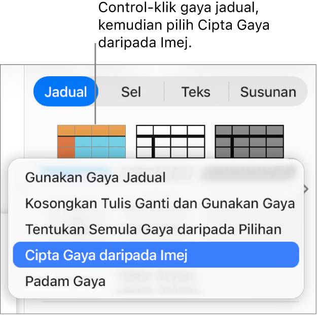 Menu pintasan gaya jadual.