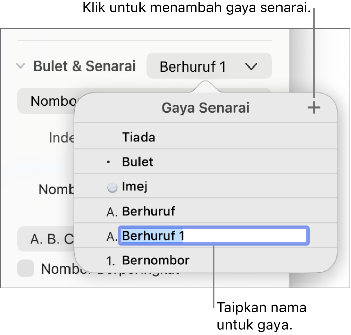 Menu timbul Gaya Senarai dengan butang Tambah di penjuru kanan atas dan nama gaya ruang letak dengan teksnya dipilih.