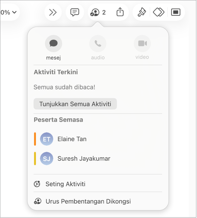 Menu kerjasama menunjukkan nama orang yang bekerjasama pada pembentangan.