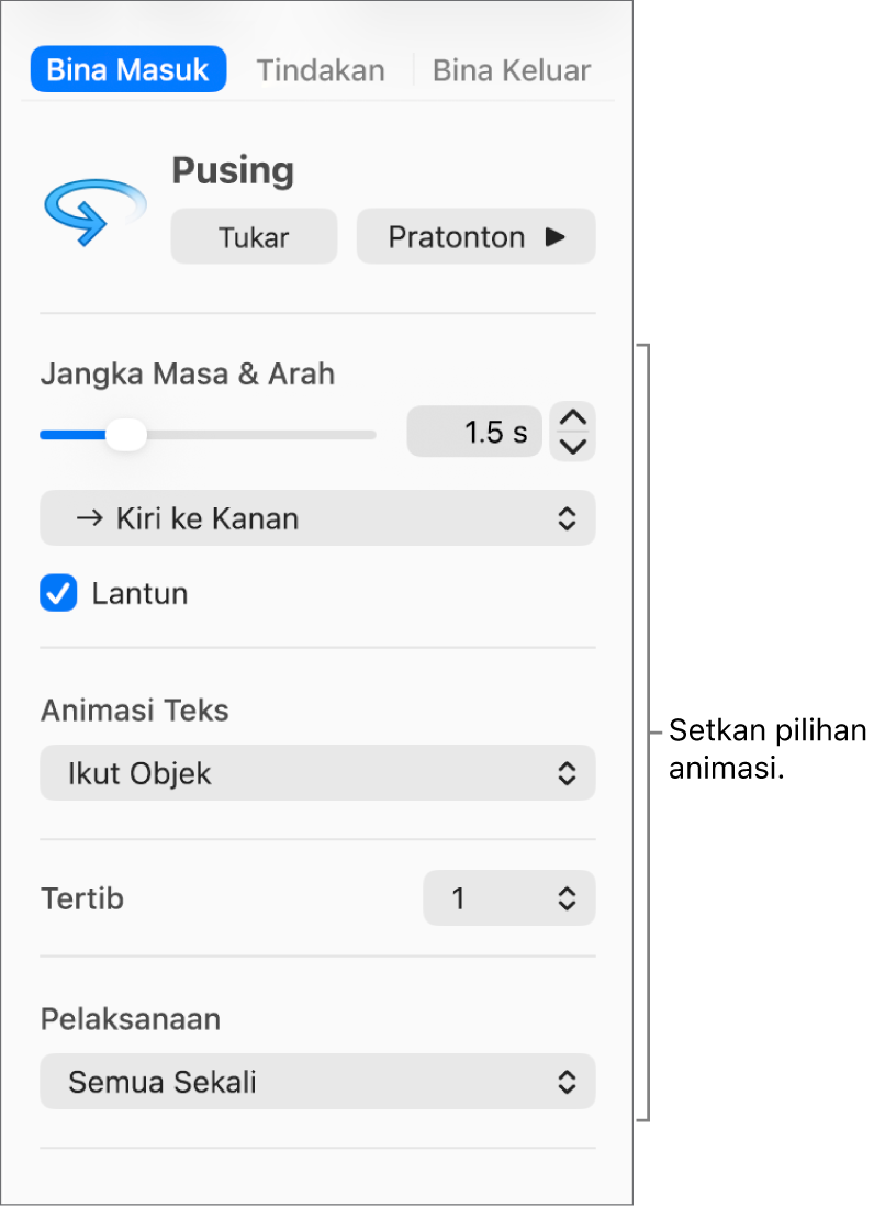 Pilihan Bina Masuk dalam tab Animasi pada bar sisi.