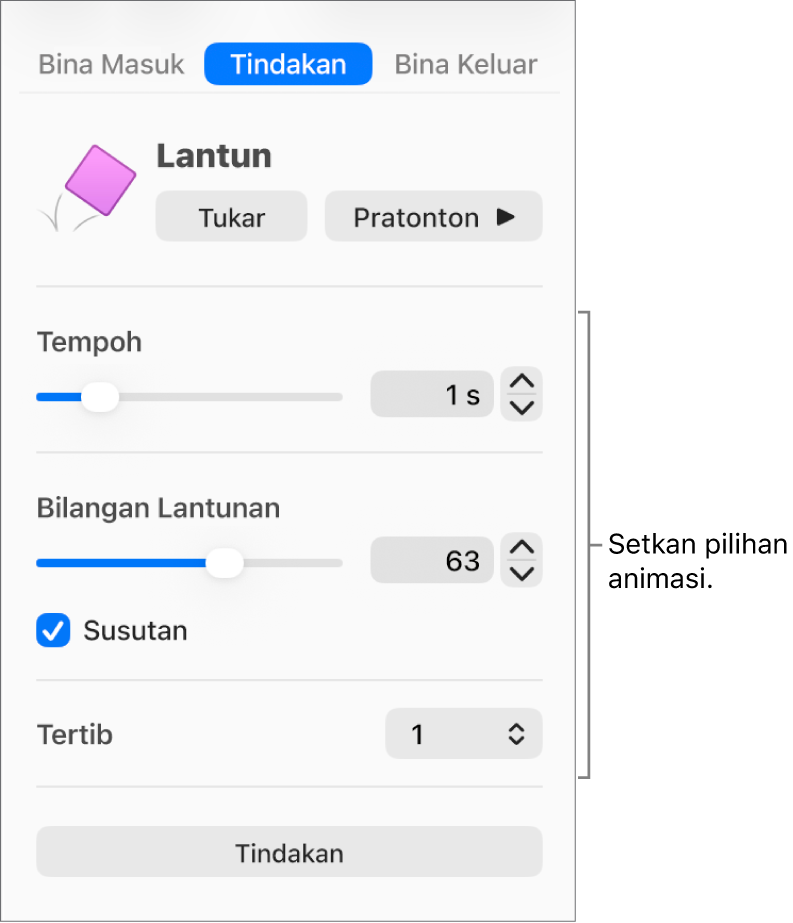Kawalan tindakan dalam bahagian Animasi di bar sisi.