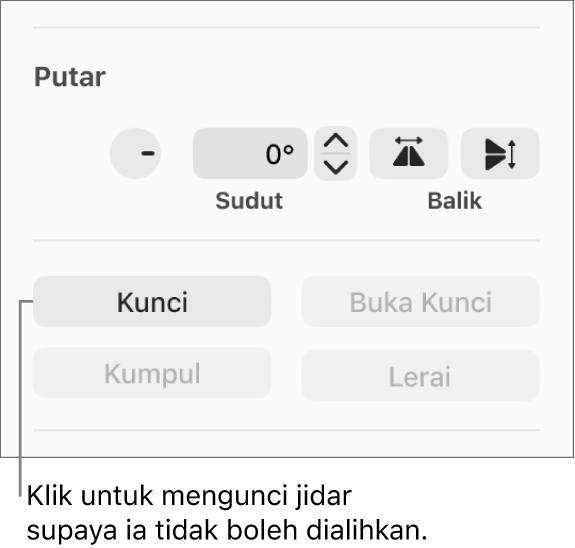 Kawalan Putar, Kunci dan Kumpul objek dengan butang Kunci aktif.