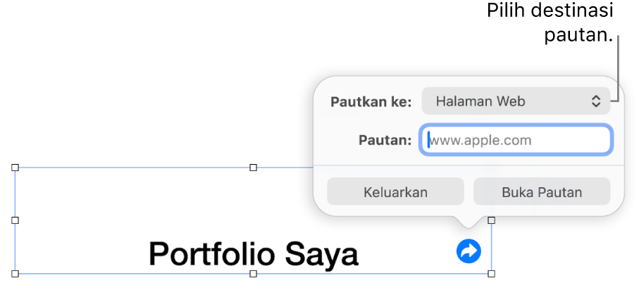Kawalan editor pautan dengan Halaman Web dipilih dan butang Keluarkan serta Buka Pautan di bahagian bawah.