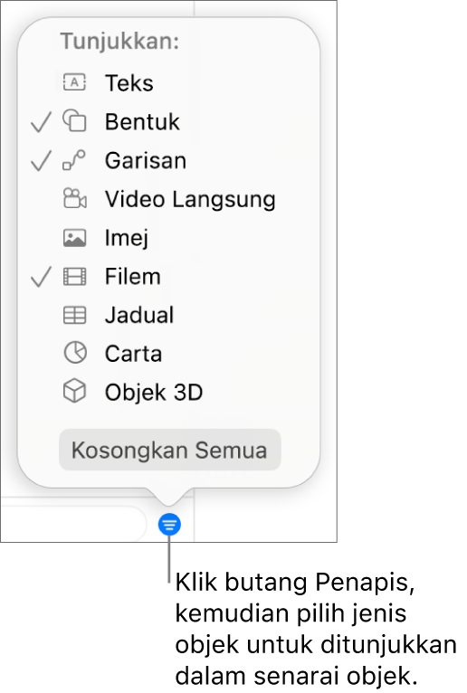 Menu timbul Tapis dibuka, dengan senarai jenis objek yang senarai termasuk (teks, bentuk, garisan, imej, filem, jadual dan carta).