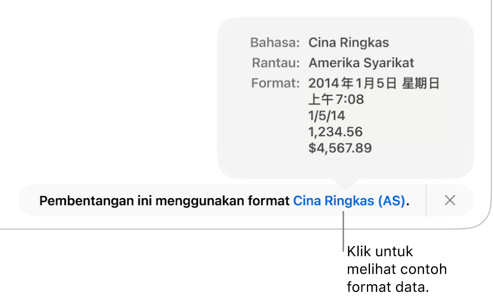 Pemberitahuan seting bahasa dan rantau berbeza, menunjukkan contoh format dalam bahasa dan rantau itu.