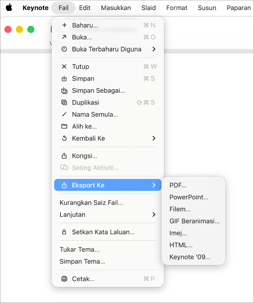 Menu Fail terbuka dengan Eksport Ke dipilih dan submenunya menunjukkan pilihan eksport seperti PDF, PowerPoint dan Filem.