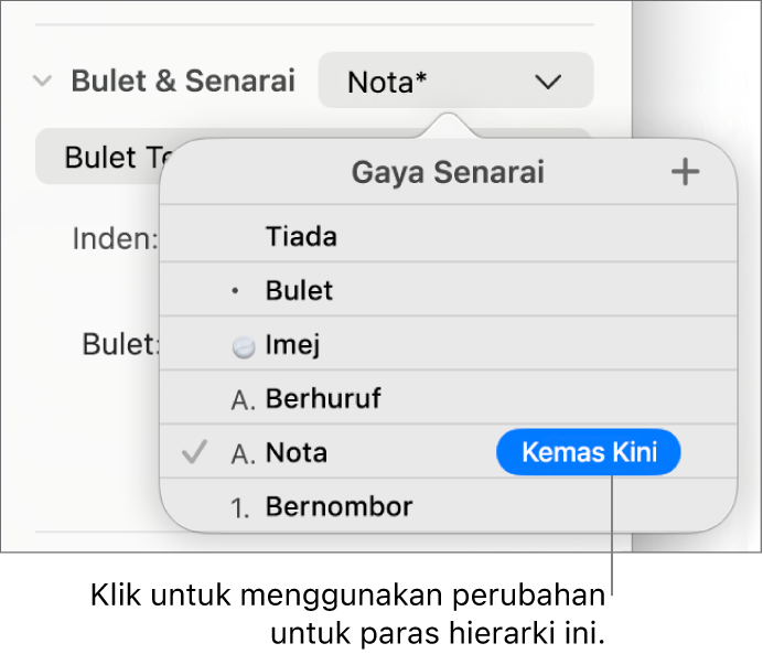 Menu timbul Gaya Senarai dengan butang Kemas Kini bersebelahan nama gaya baharu.