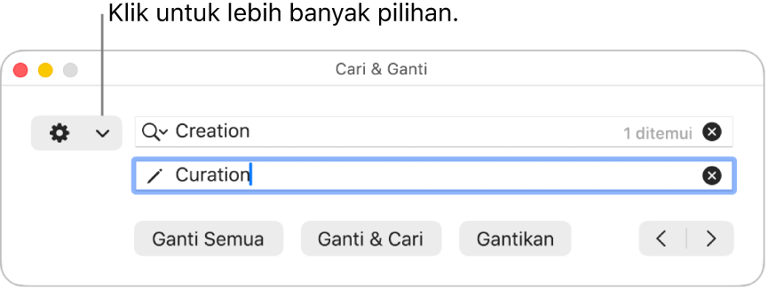 Tetingkap Cari & Ganti tanpa petak bual ke menu timbul yang menunjukkan lebih banyak pilihan.