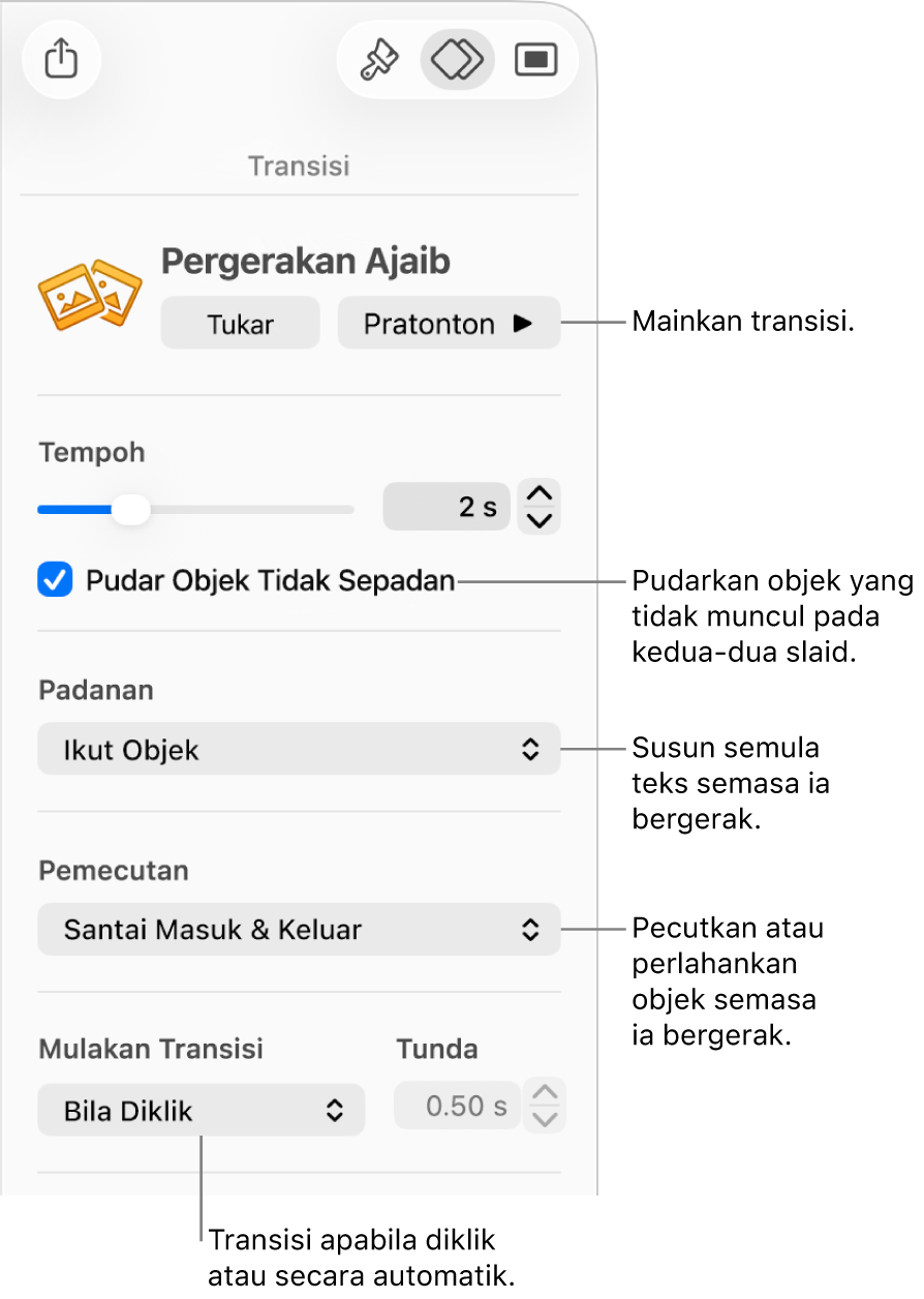 Kawalan transisi Pergerakan Ajaib di bahagian Transisi dalam bar sisi Animasi.