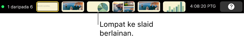 MacBook Pro Touch Bar dengan kawalan pembentangan untuk keluar daripada pembentangan, melompat ke slaid berbeza dan menukar paparan pembentang.