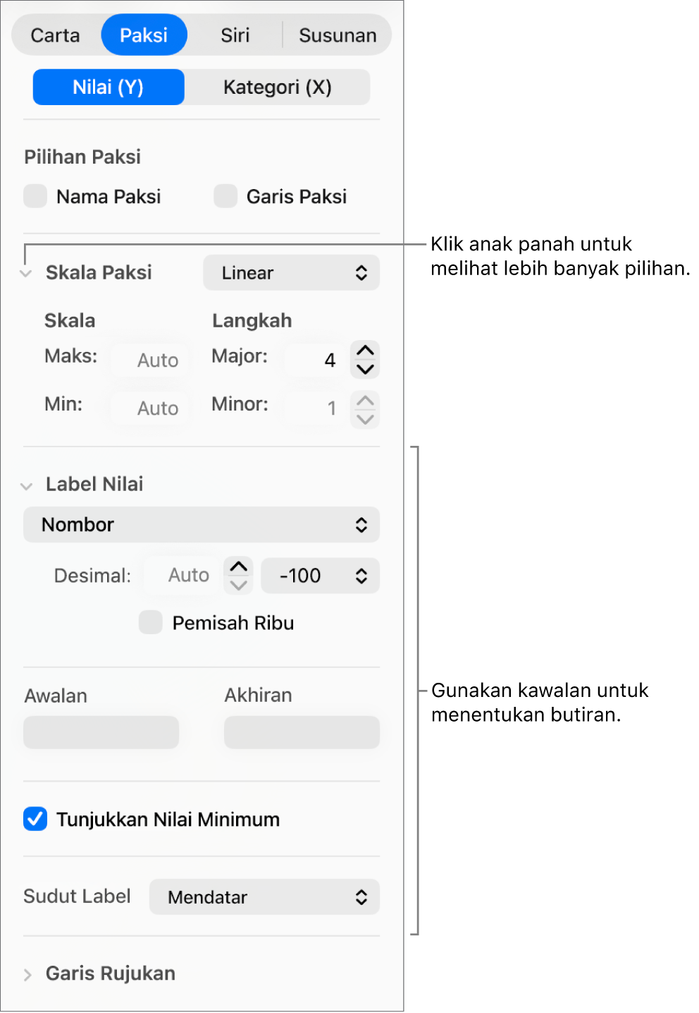 Kawalan untuk memformatkan tanda paksi carta.