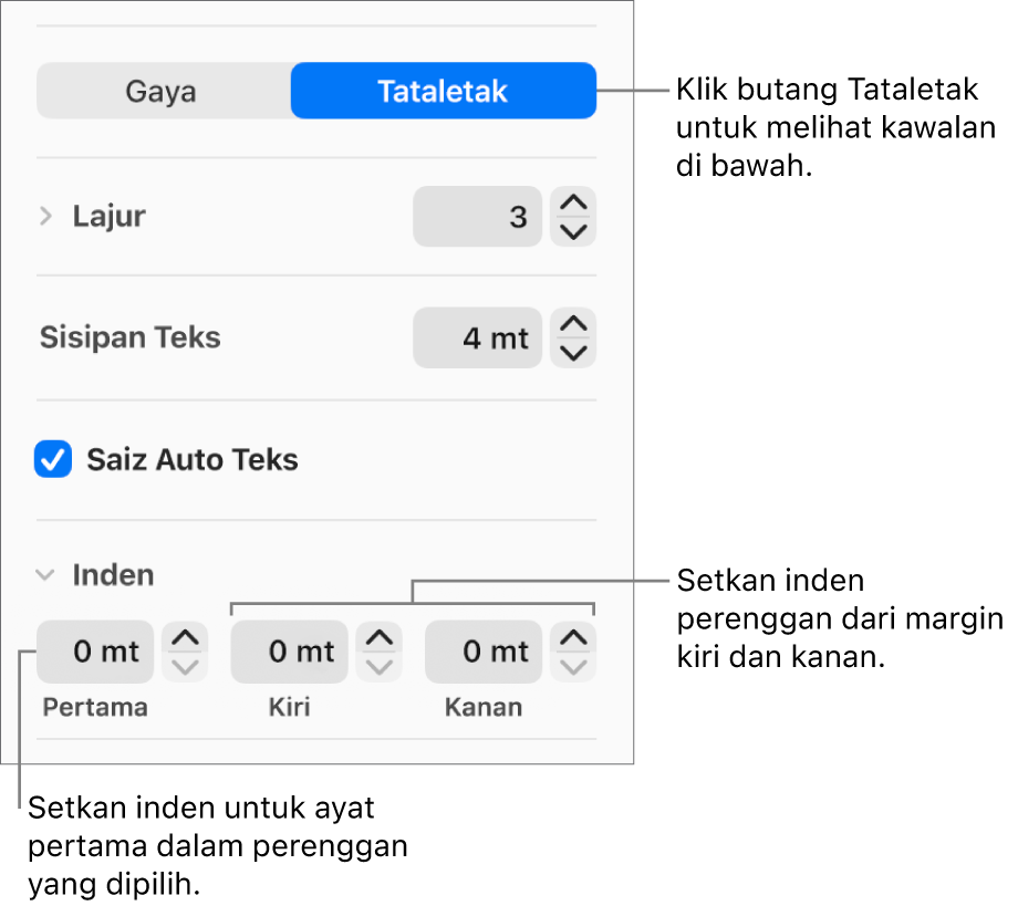 Bahagian Tataletak pada bar sisi Format menunjukkan kawalan untuk mengesetkan inden baris pertama dan margin perenggan.