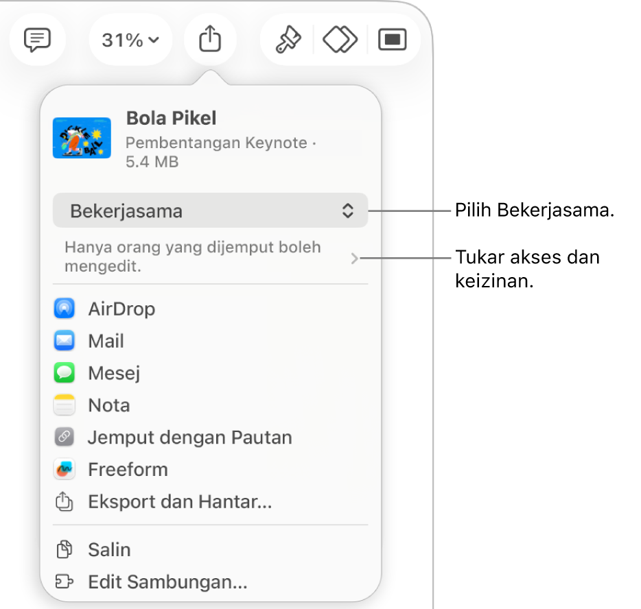 Menu Kongsi dengan Bekerjasama dipilih di bahagian atas dan seting akses serta keizinan di bahagian bawah.