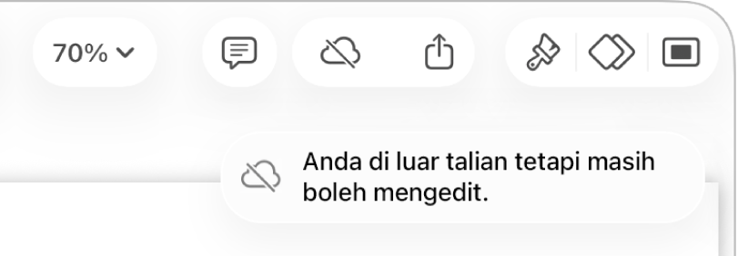 Butang di bahagian atas skrin, dengan butang Kerjasama bertukar menjadi awan dengan garis pepenjuru merentasinya. Isyarat pada skrin menyatakan “Anda di luar talian tetapi masih boleh mengedit”.