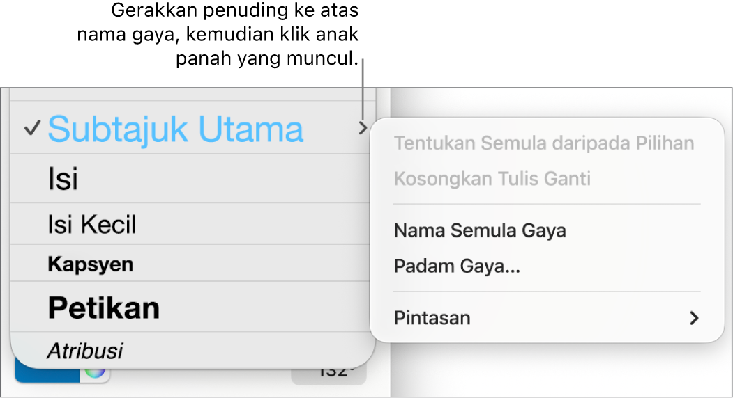 Menu Gaya Perenggan dengan menu pintasan terbuka.