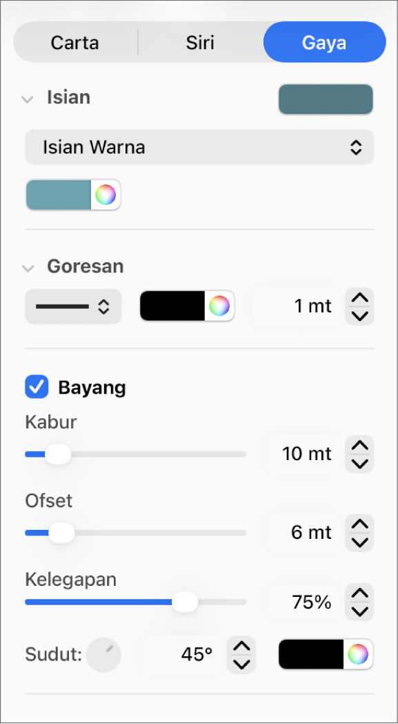 Kawalan bar sisi untuk menukar rupa garis aliran.