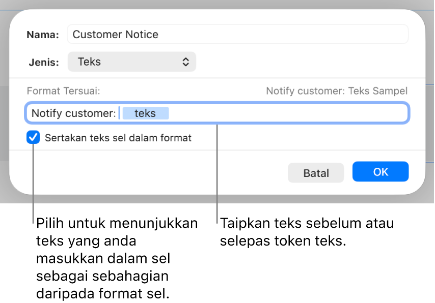 Format sel teks tersuai.
