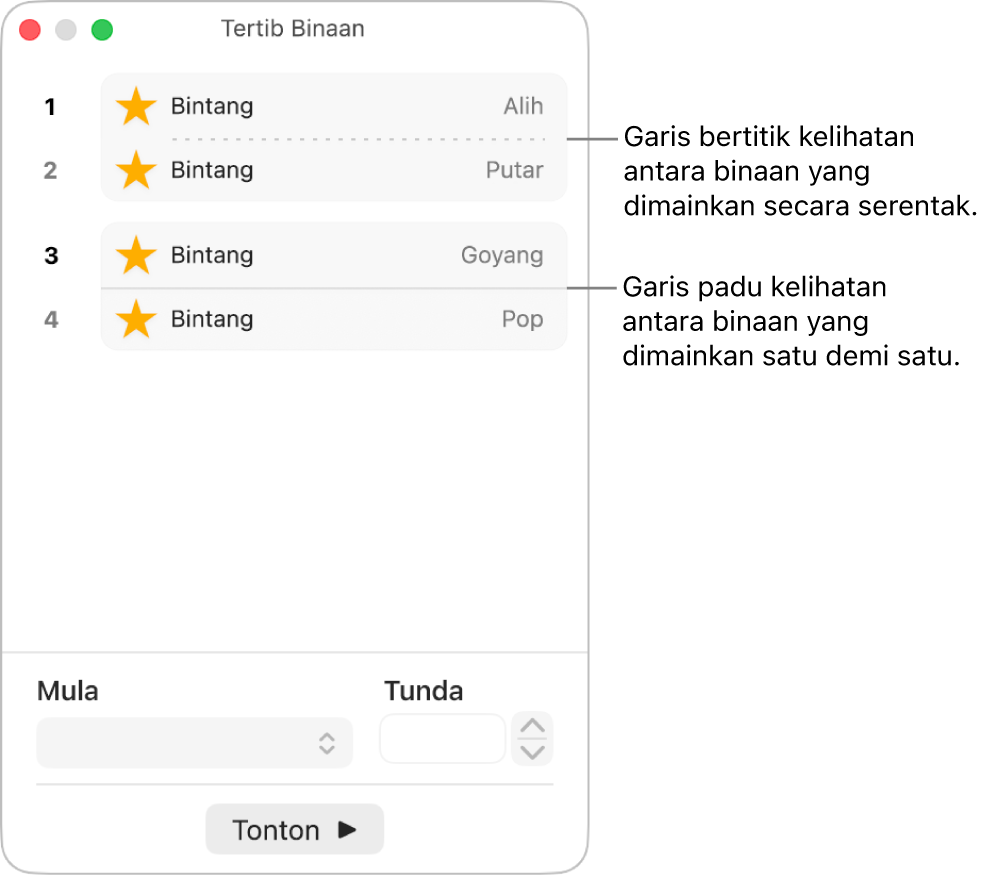 Menu Tertib Binaan, dengan garis bertitik kelihatan antara binaan yang dimainkan serentak dan garis padu antara binaan yang dimainkan satu demi satu.