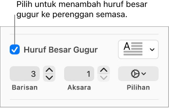 Kotak semak Huruf Besar Gugur dipilih dan menu timbul kelihatan di sebelah kanan; kawalan untuk mengeset ketinggian baris, bilangan aksara dan pilihan lain kelihatan di bawah.