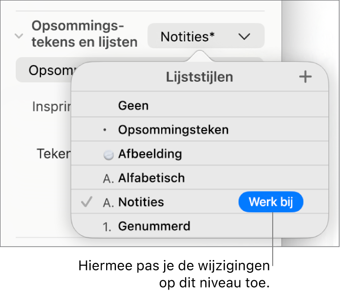 Het pop‑upmenu 'Lijststijlen' met een knop 'Werk bij' naast de naam van de nieuwe stijl.