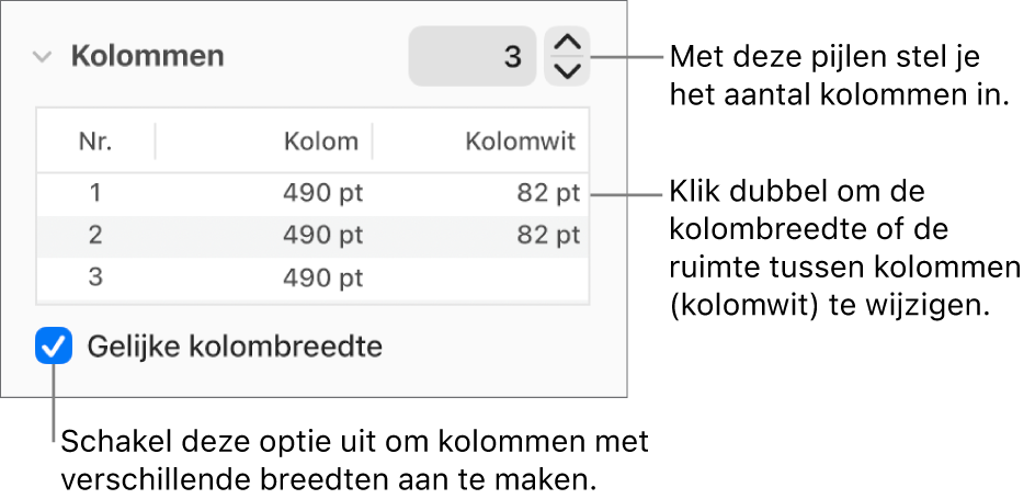 Regelaars in het kolommengedeelte voor het wijzigen van het aantal kolommen en de breedte van elke kolom.