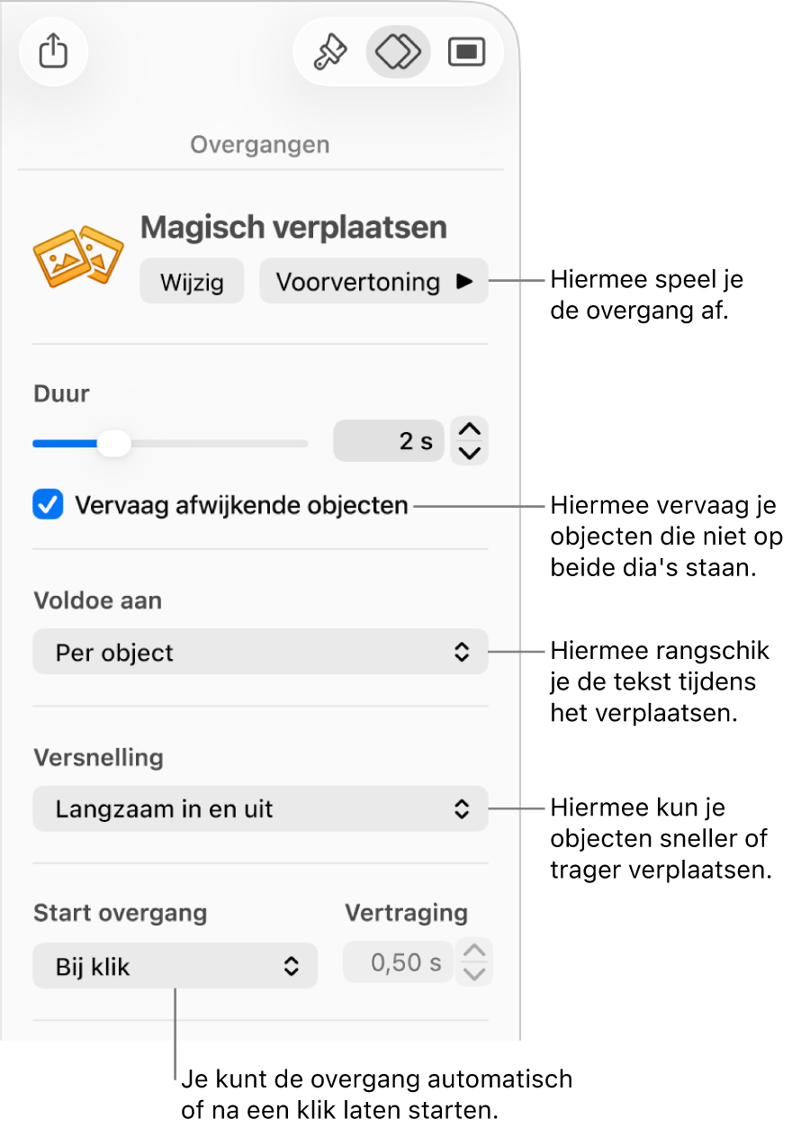 Overgangsregelaars voor 'Magisch verplaatsen' in het gedeelte 'Overgangen' van de navigatiekolom 'Animatie'.