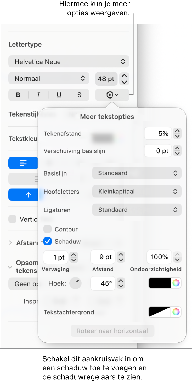 Het menu 'Geavanceerde opties' met het aankruisvak 'Schaduw' ingeschakeld en regelaars voor het instellen van de vervaging, afstand, ondoorzichtigheid, hoek en kleur.