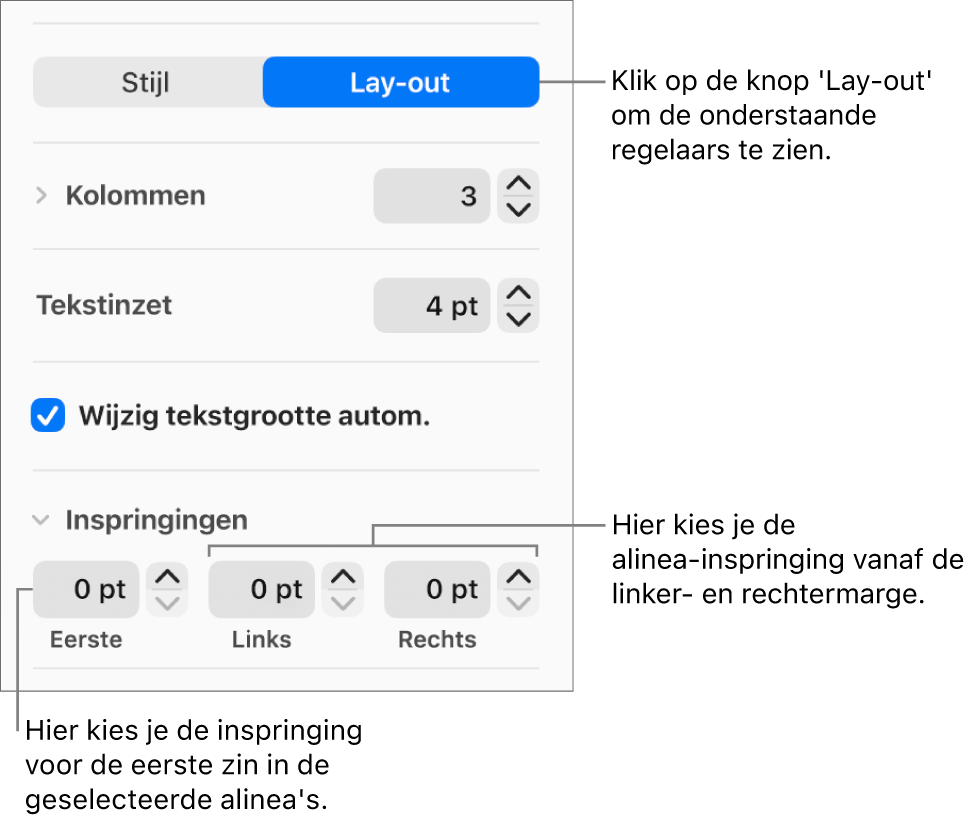 Het gedeelte 'Lay-out' van de navigatiekolom 'Opmaak' met regelaars voor het instellen van het inspringniveau van de eerste regel en de alineamarges.
