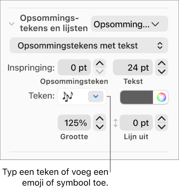 Het gedeelte 'Opsommingstekens en lijsten' in de navigatiekolom 'Opmaak'. In het veld 'Teken' staat een emoji van een bloem.