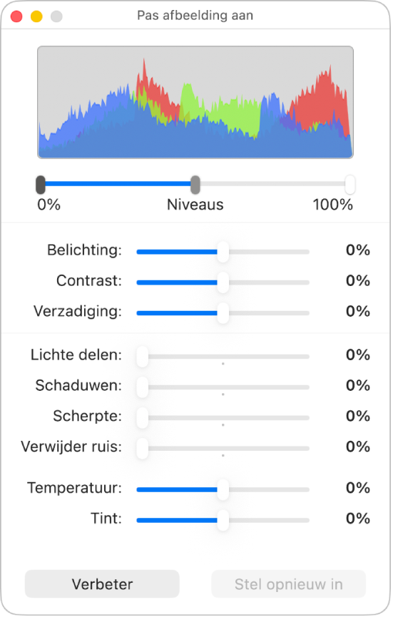 Het venster 'Pas afbeelding aan' met schuifknoppen voor de configuratie van belichting, contrast, verzadiging, markeringen, schaduwen, scherpte, ruisverwijdering, temperatuur en tint.