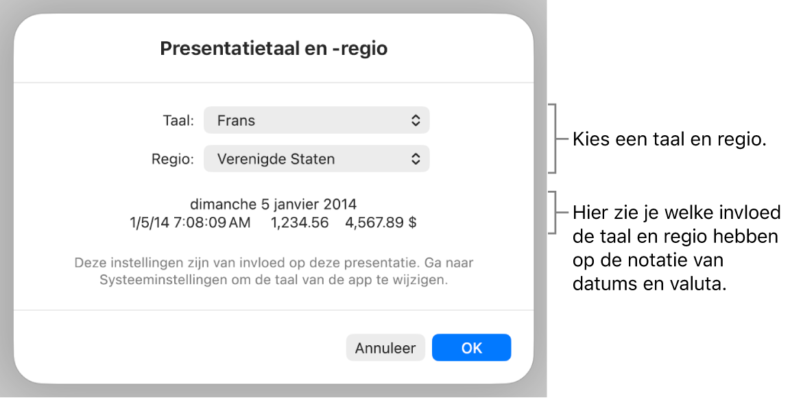 Paneel met regelaars voor de taal en regio en een voorbeeld van de notatie van datum, tijd, decimaalteken en valuta.