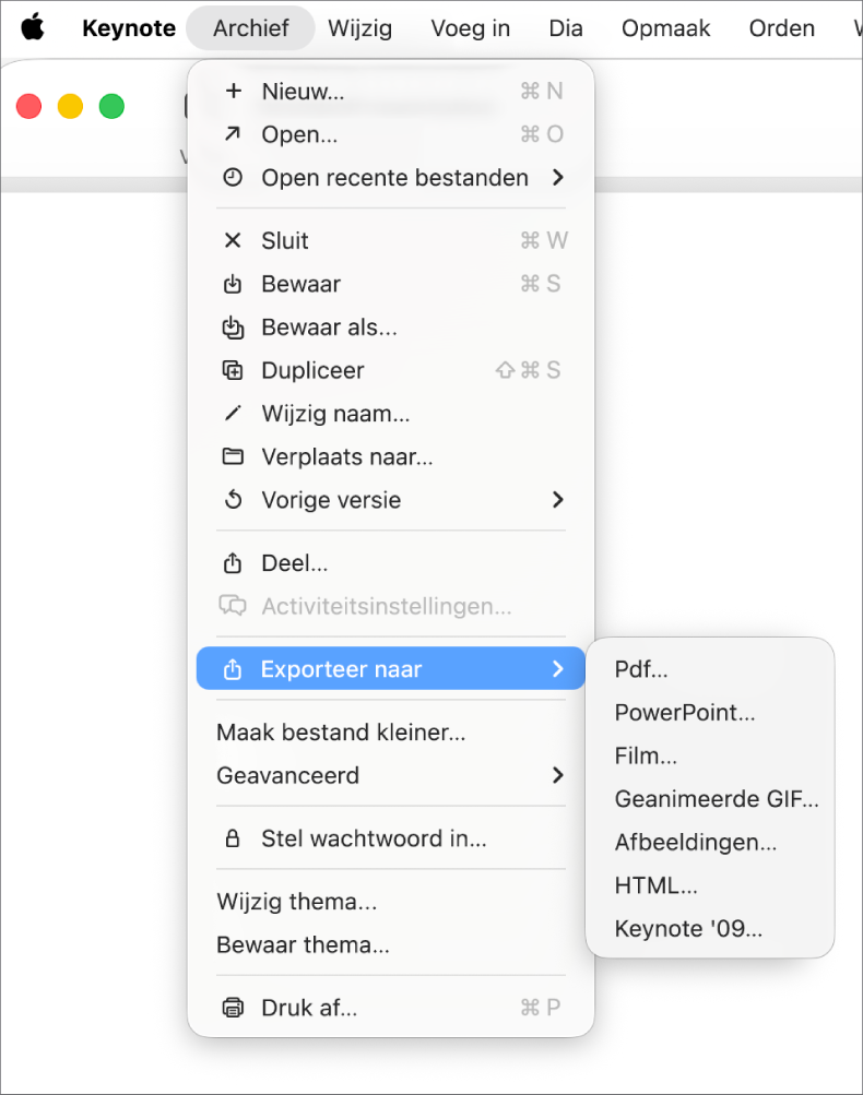Geopend Archief-menu met de optie 'Exporteer naar' geselecteerd en in het submenu exportopties zoals 'Pdf', 'PowerPoint' en 'Film'.