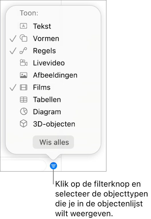 Het pop‑upmenu 'Filter' met een lijst waarin de typen objecten (tekst, vormen, lijnen, afbeeldingen, films, tabellen en diagrammen) staan die de lijst kan bevatten.