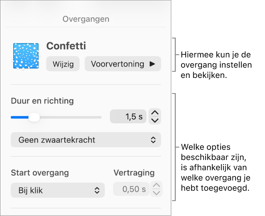 Overgangsregelaars in het gedeelte 'Overgangen' van de navigatiekolom.