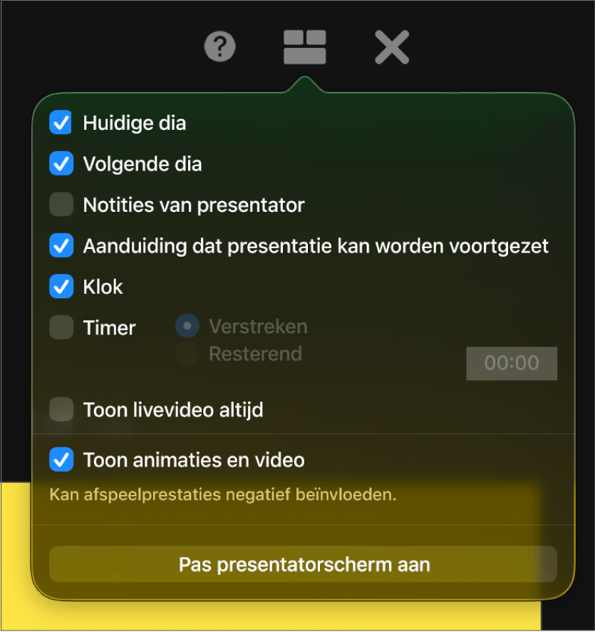 De opties voor het presentatorscherm: 'Huidige dia', 'Volgende dia', 'Notities van presentator', 'Aanduiding dat presentatie kan worden voortgezet', 'Klok' en 'Timer'. Bij 'Timer' kun je aangeven of je de verstreken tijd of de resterende tijd wilt weergeven.