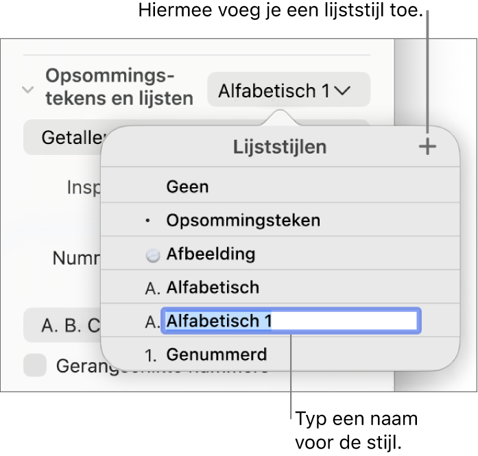 Het pop‑upmenu 'Lijststijlen' met een plusknop in de rechterbovenhoek en een tijdelijke stijlnaam waarvan de tekst geselecteerd is.