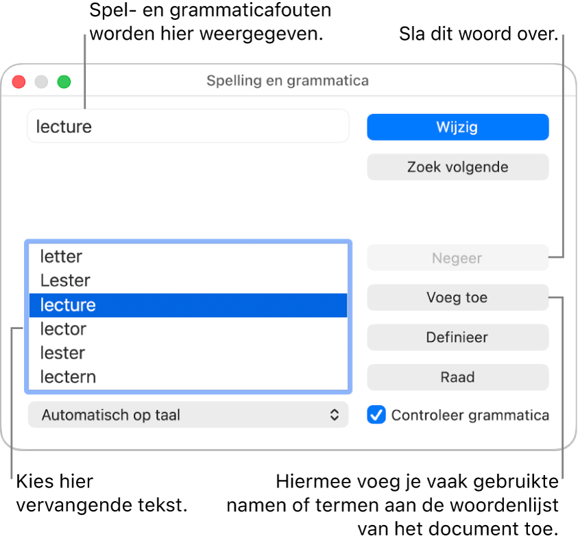Het venster 'Spelling en grammatica'.