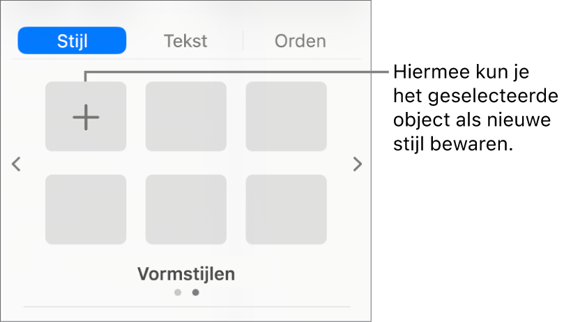 Het tabblad 'Stijl' in de navigatiekolom 'Opmaak' met één tekstvakstijl, rechts daarvan de knop 'Maak stijl aan' en vier lege plaatsaanduidingen voor stijlen.