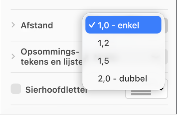 Het pop‑upmenu 'Afstand' met onder andere de opties 'Enkel' en 'Dubbel'.