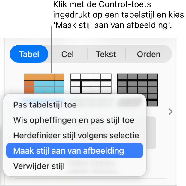 Het contextuele menu voor tabelstijlen.
