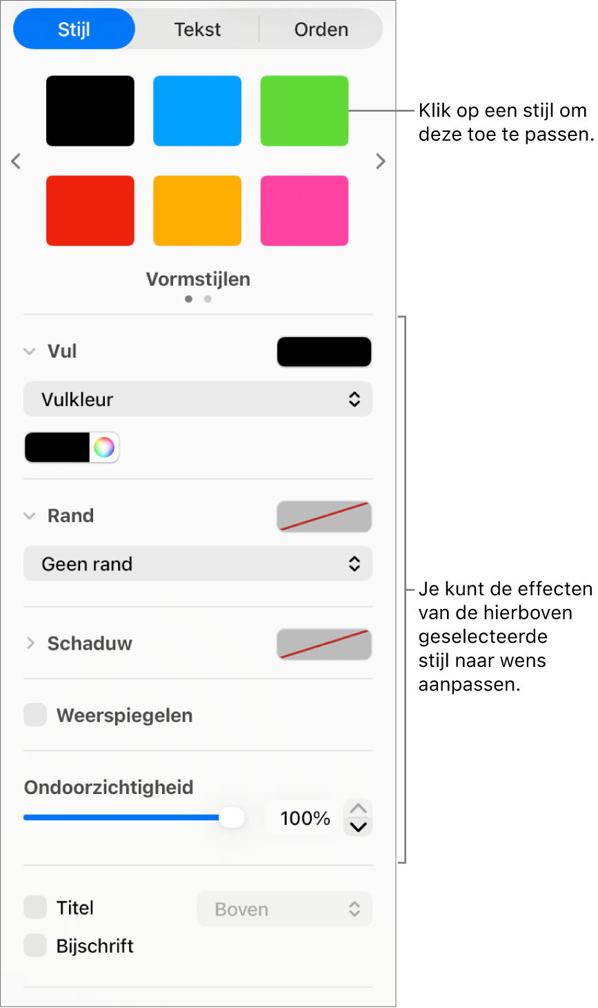 Vormstijlen en -opties in het gedeelte 'Opmaak' van de navigatiekolom.