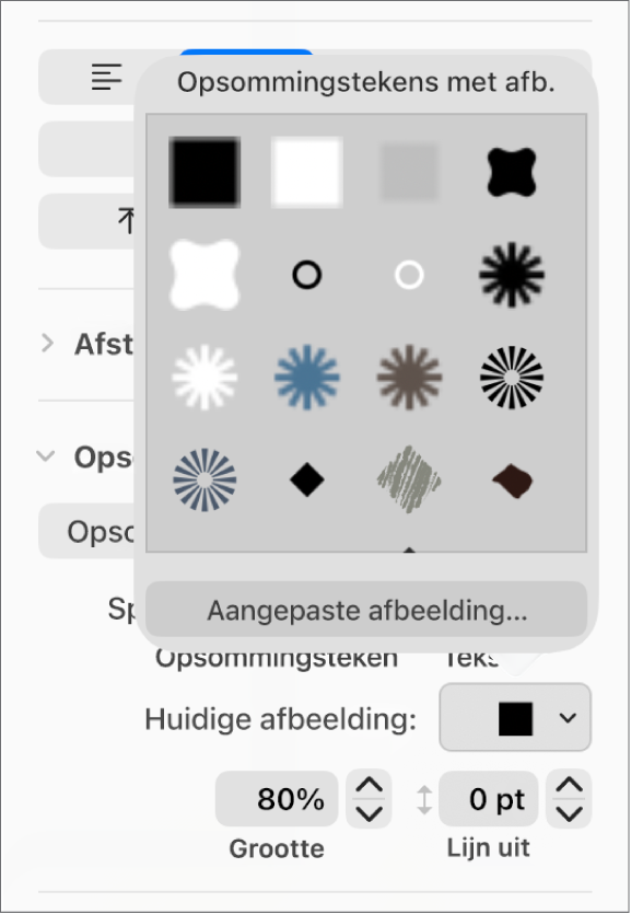 Het pop‑upmenu 'Opsommingstekens met afb.'.