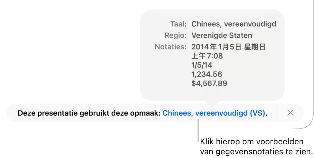 De melding van de afwijkende taal en regio, met voorbeelden van de opmaak in die taal en voor die regio.