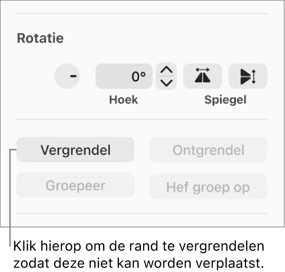 De objectregelaars 'Rotatie', 'Vergrendel' en 'Groepeer' met uitleg bij de knop 'Vergrendel'.